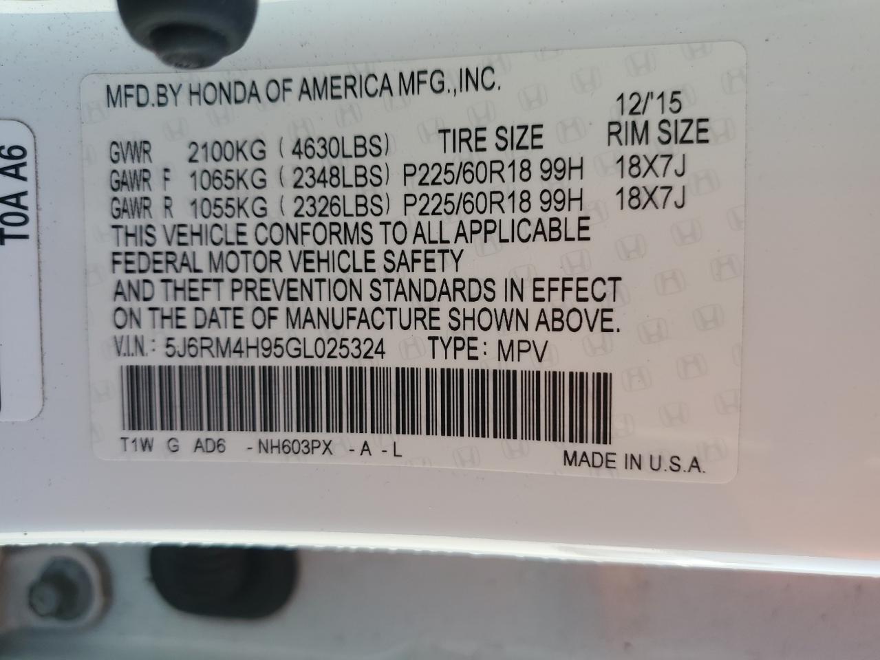 2016 Honda CR-V VIN 5J6RM4H95GL025324 Copart auction photo, rear end damage thumbnail 14