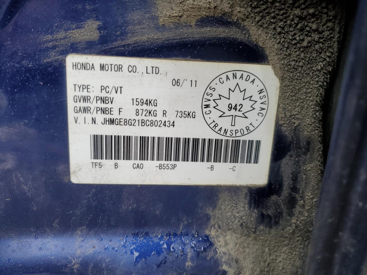 2011 Honda Fit VIN JHMGE8G21BC802434 Copart auction photo, side / minor dent/scratches damage thumbnail 12