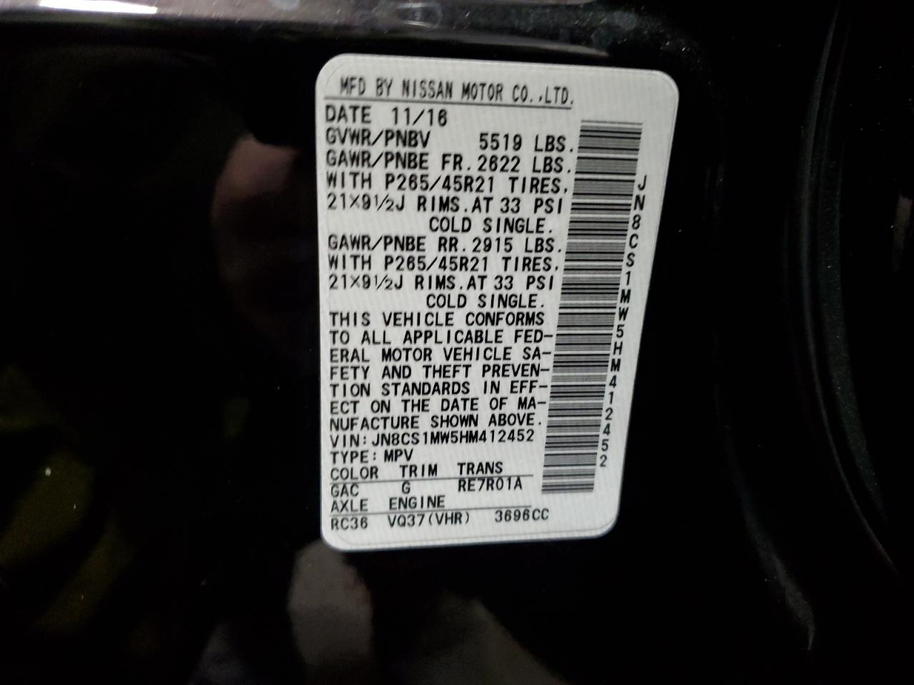 2017 Infiniti QX70 VIN JN8CS1MW5HM412452 Copart auction photo, rear end damage thumbnail 13