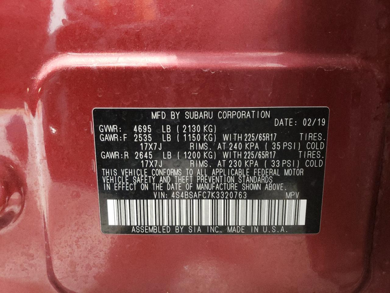 2019 Subaru Outback VIN 4S4BSAFC7K3320763 Copart auction photo, rear end damage thumbnail 13