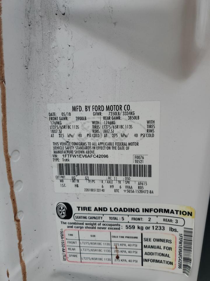 2010 Ford F-150 VIN 1FTFW1EV6AFC42096 Copart auction photo, front end damage thumbnail 14