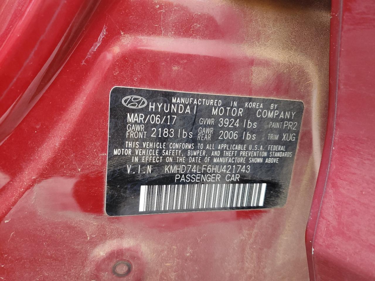2017 Hyundai Elantra VIN KMHD74LF6HU421743 Copart auction photo, front end damage thumbnail 12