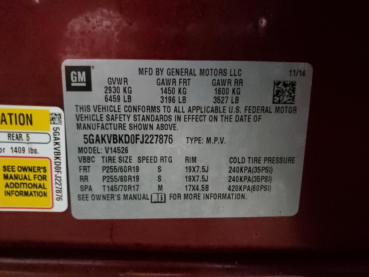 2015 Buick Enclave VIN 5GAKVBKD0FJ227876 Copart auction photo, front end / minor dent/scratches damage thumbnail 13
