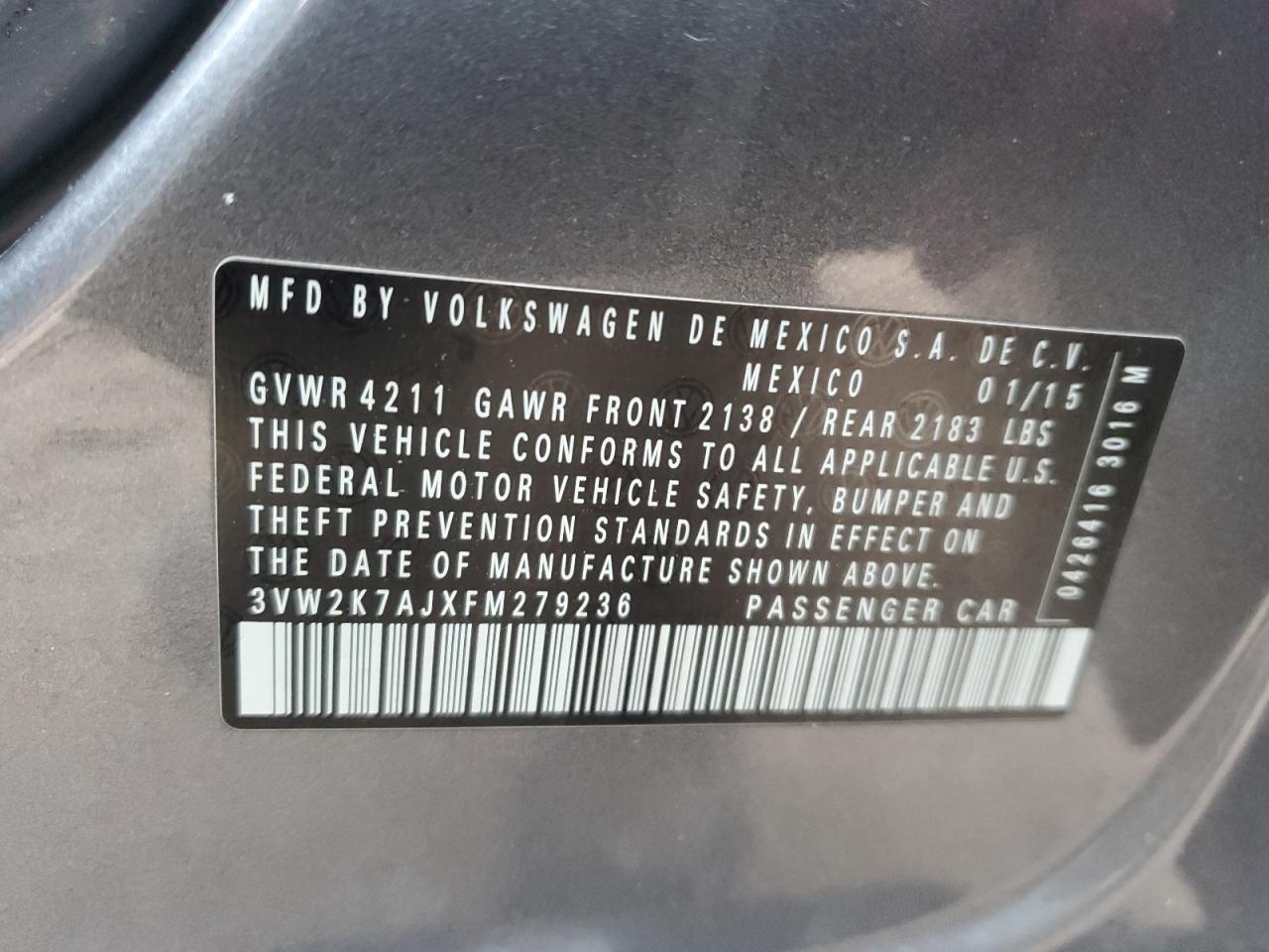 2015 Volkswagen Jetta VIN 3VW2K7AJXFM279236 Copart auction photo, rear end damage thumbnail 14