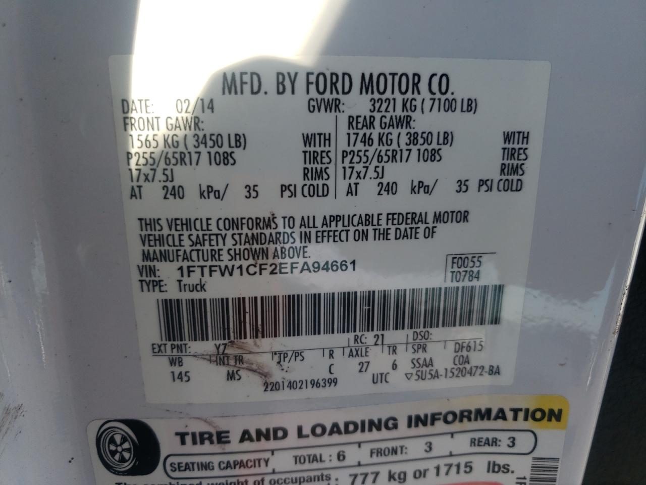2014 Ford F-150 VIN 1FTFW1CF2EFA94661 Copart auction photo, rollover damage thumbnail 13