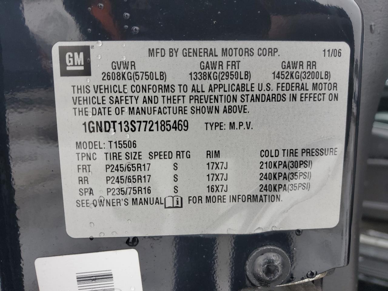 2007 Chevrolet TrailBlazer VIN 1GNDT13S772185469 Copart auction photo, rear end damage thumbnail 16