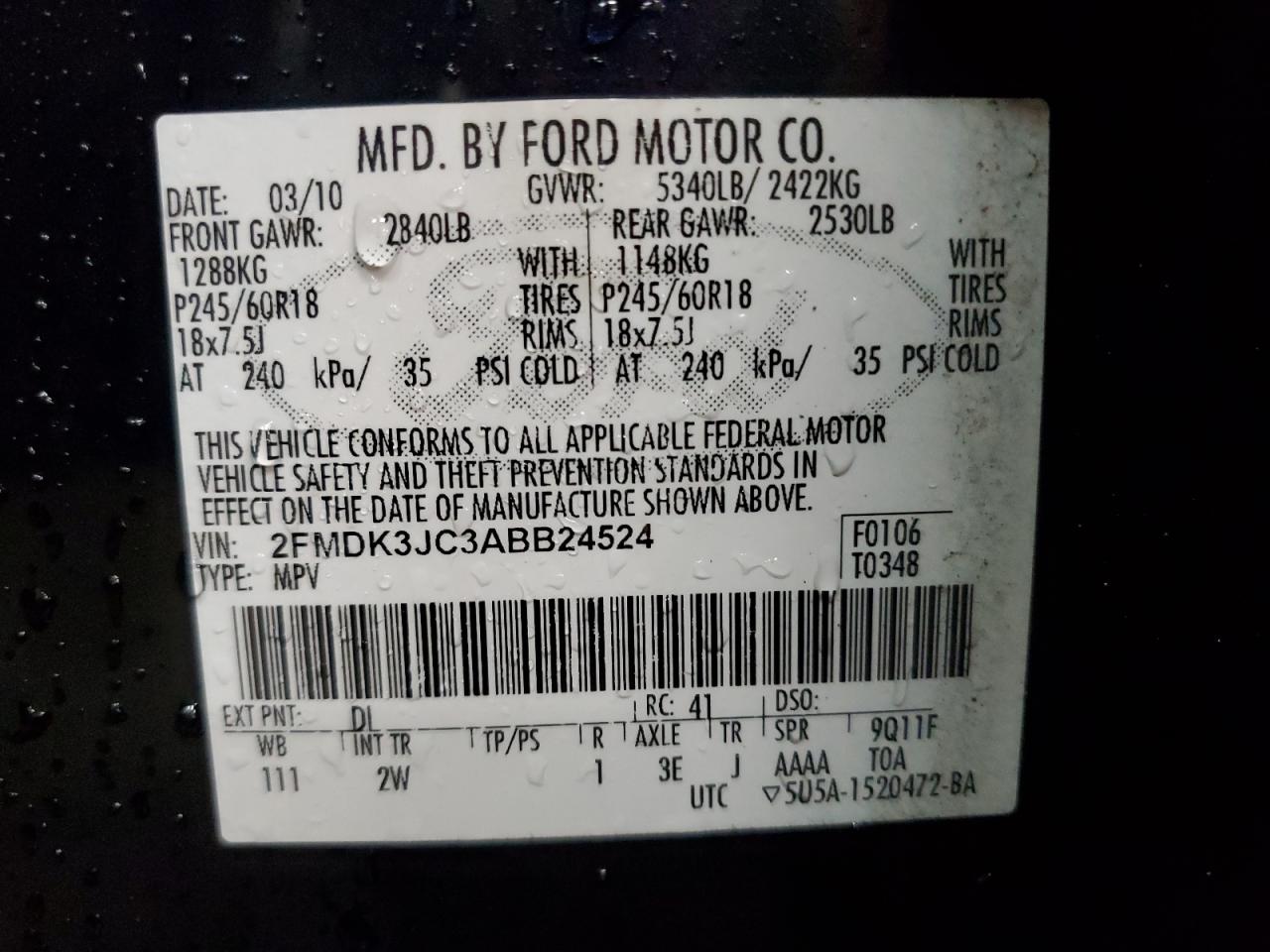 2010 Ford Edge VIN 2FMDK3JC3ABB24524 Copart auction photo, side / minor dent/scratches damage thumbnail 13