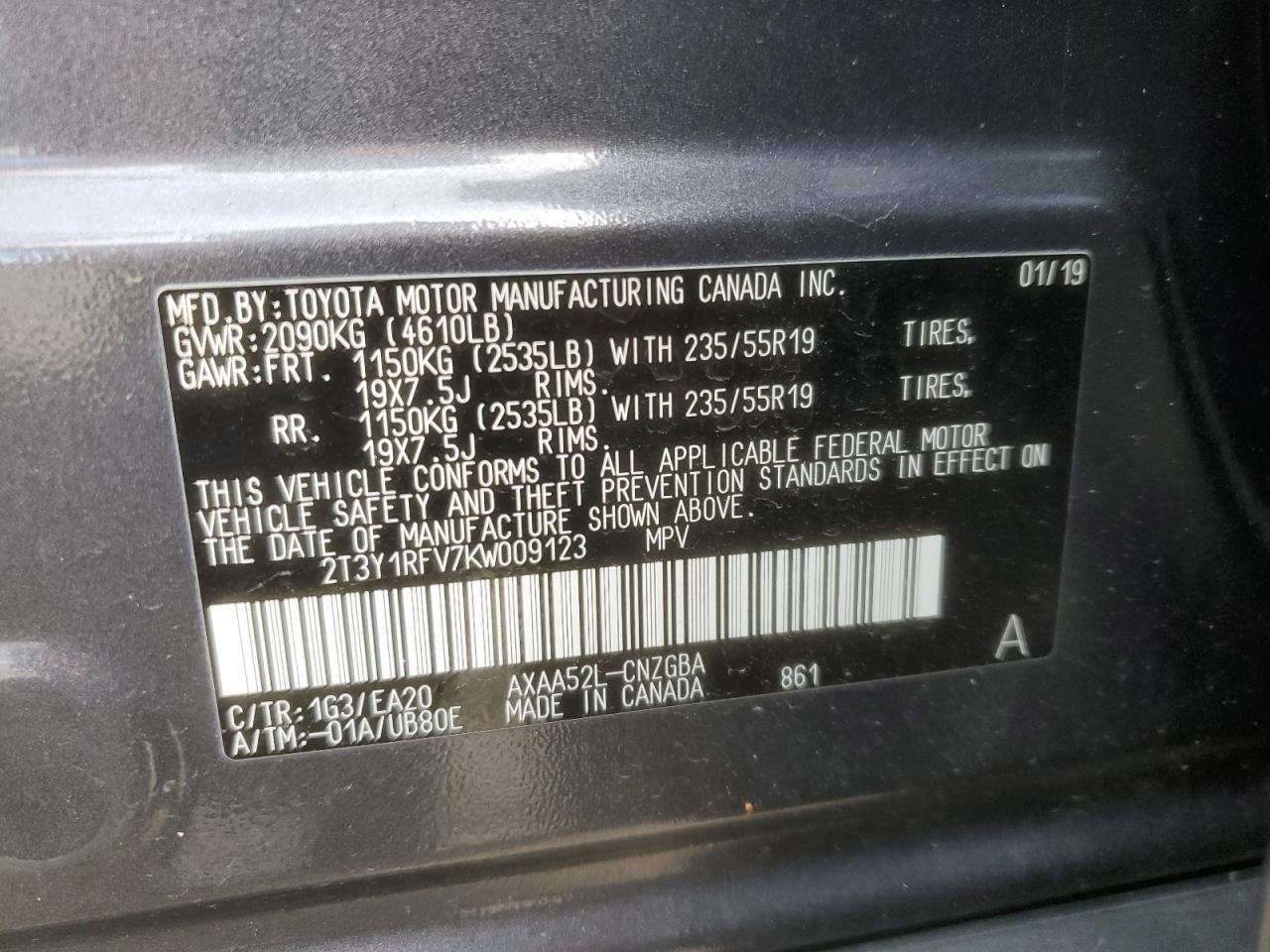 2019 Toyota RAV 4 VIN 2T3Y1RFV7KW009123 Copart auction photo, rear end damage thumbnail 16