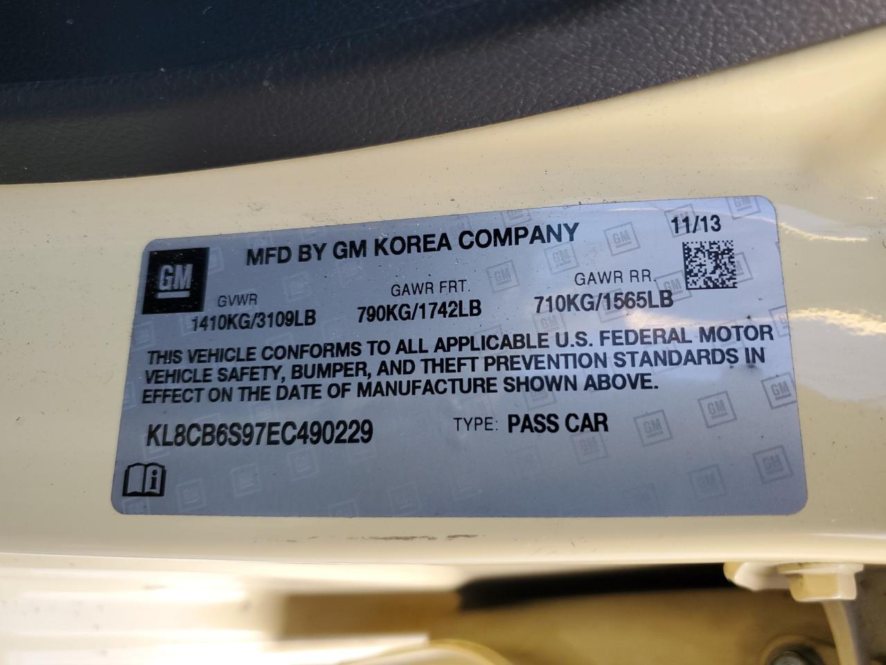 2014 Chevrolet Spark VIN KL8CB6S97EC490229 Copart auction photo, front end damage thumbnail 14
