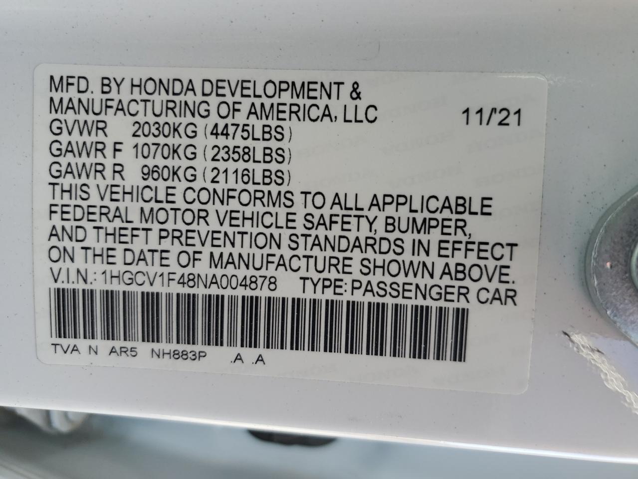 2022 Honda Accord VIN 1HGCV1F48NA004878 Copart auction photo, rear end damage thumbnail 13