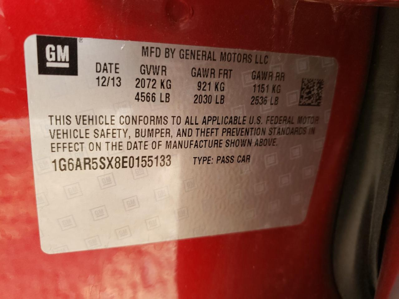 2014 Cadillac CTS VIN 1G6AR5SX8E0155133 Copart auction photo, front end damage thumbnail 12