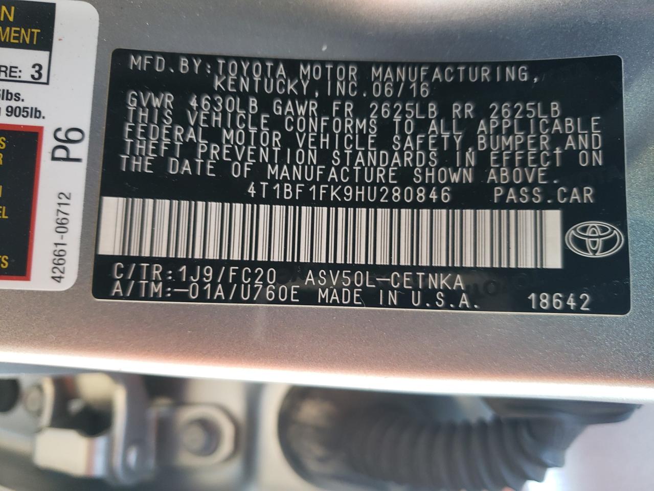 2017 Toyota Camry VIN 4T1BF1FK9HU280846 Copart auction photo, side / front end damage thumbnail 14