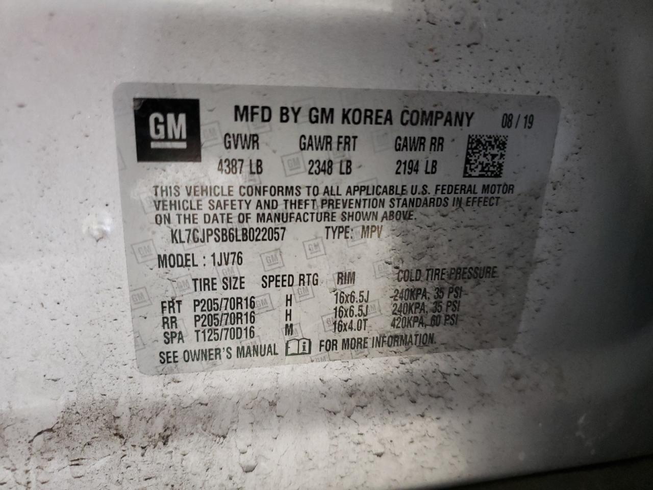 2020 Chevrolet Trax VIN KL7CJPSB6LB022057 Copart auction photo, rear end damage thumbnail 13