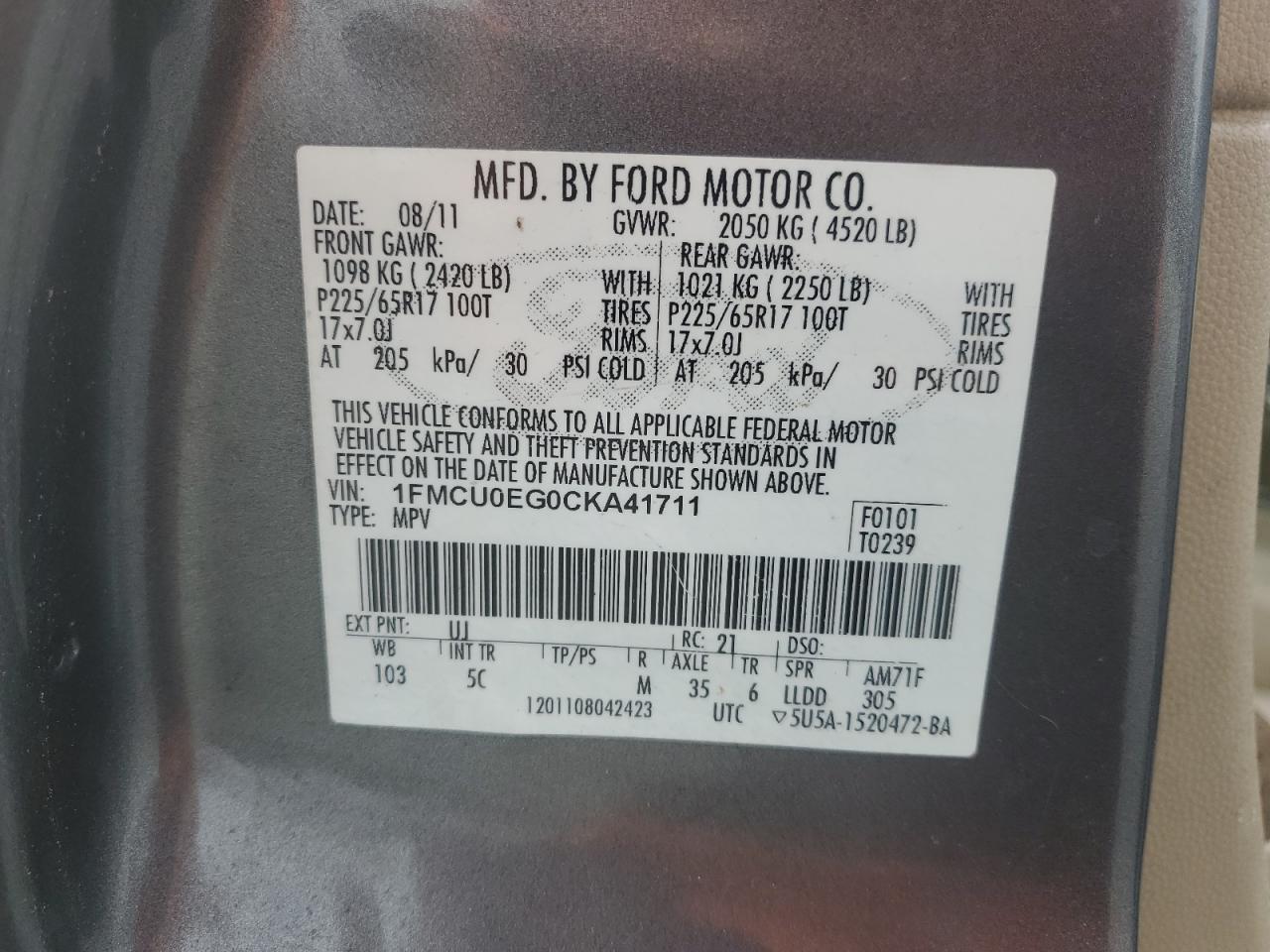 2012 Ford Escape VIN 1FMCU0EG0CKA41711 Copart auction photo, mechanical / water/flood damage thumbnail 13