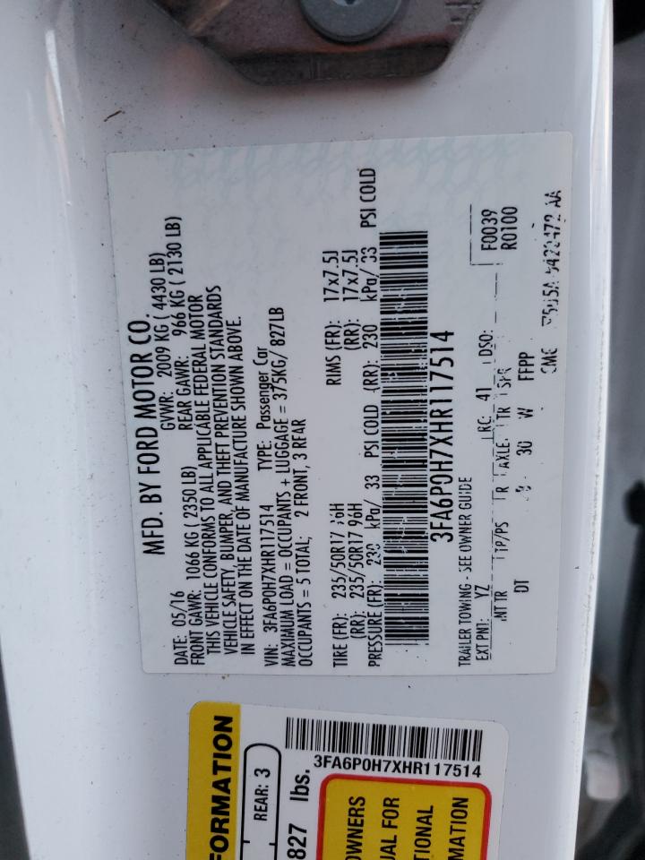 2017 Ford Fusion VIN 3FA6P0H7XHR117514 Copart auction photo, rear end / side damage thumbnail 12