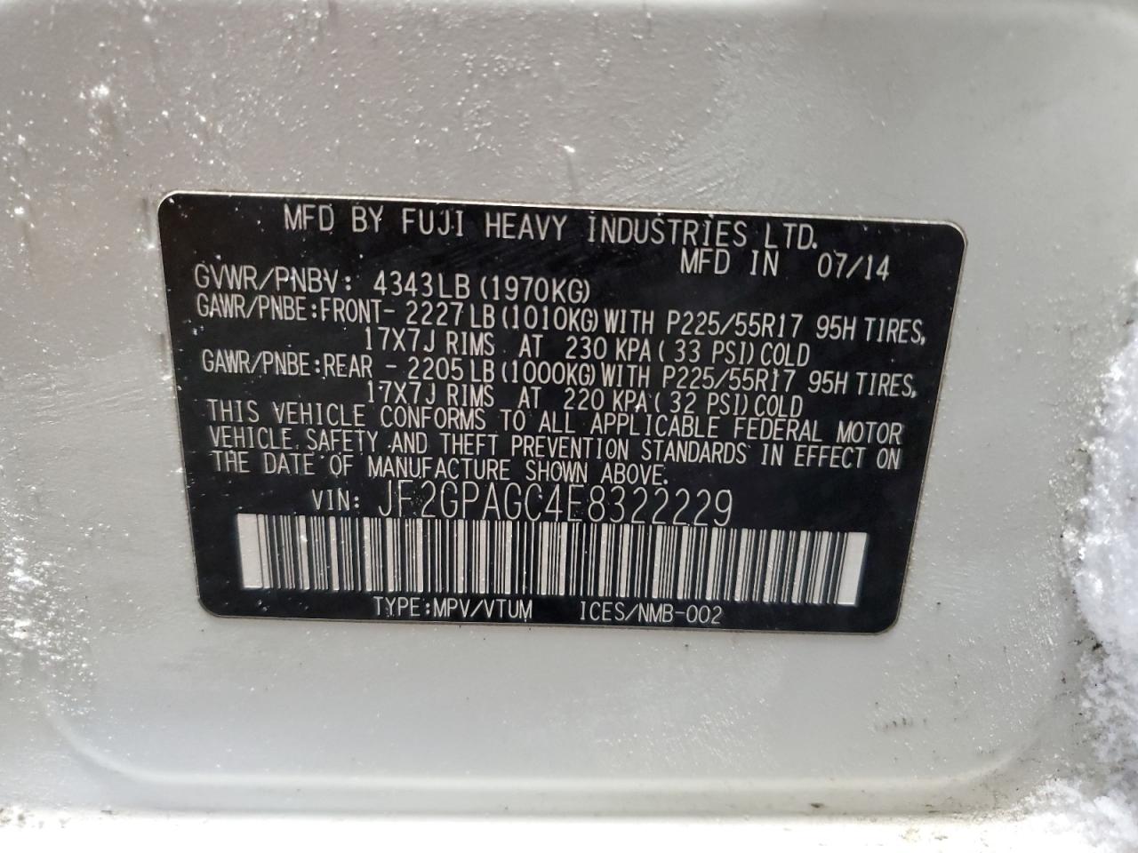 2014 Subaru XV VIN JF2GPAGC4E8322229 Copart auction photo, front end / minor dent/scratches damage thumbnail 15