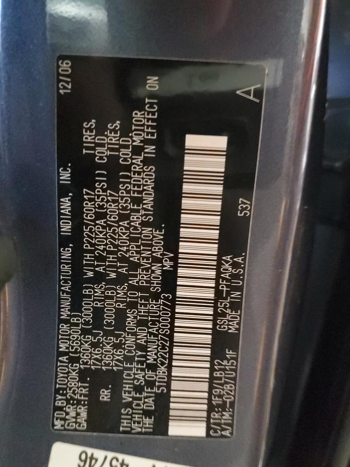 2007 Toyota Sienna VIN 5TDBK22C27S000773 Copart auction photo, front end damage thumbnail 15