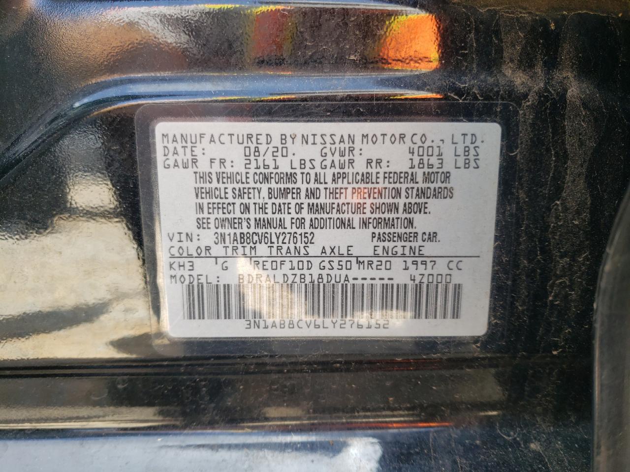2020 Nissan Sentra VIN 3N1AB8CV6LY276152 Copart auction photo, front end damage thumbnail 14
