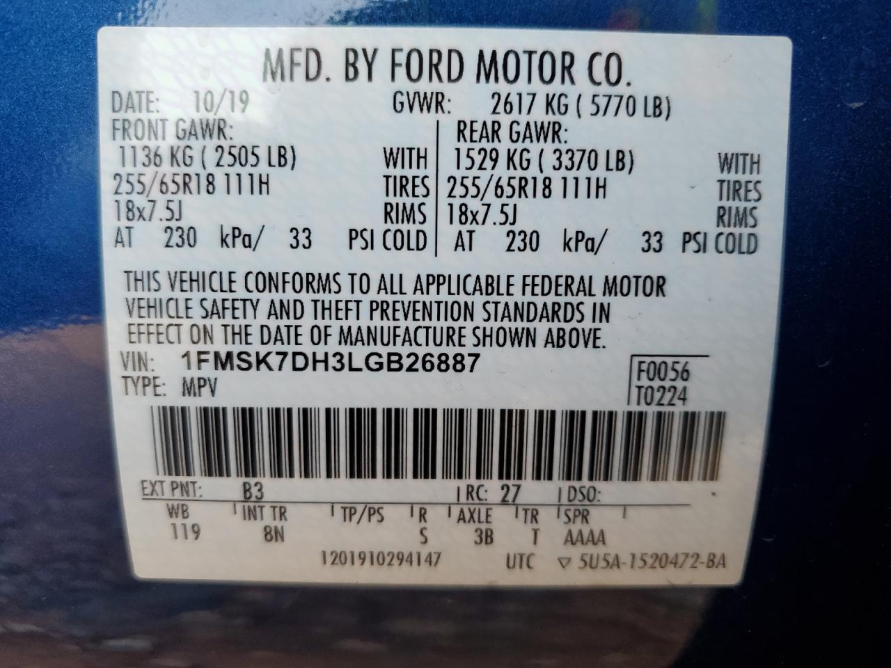 2020 Ford Explorer VIN 1FMSK7DH3LGB26887 Copart auction photo, front end damage thumbnail 14