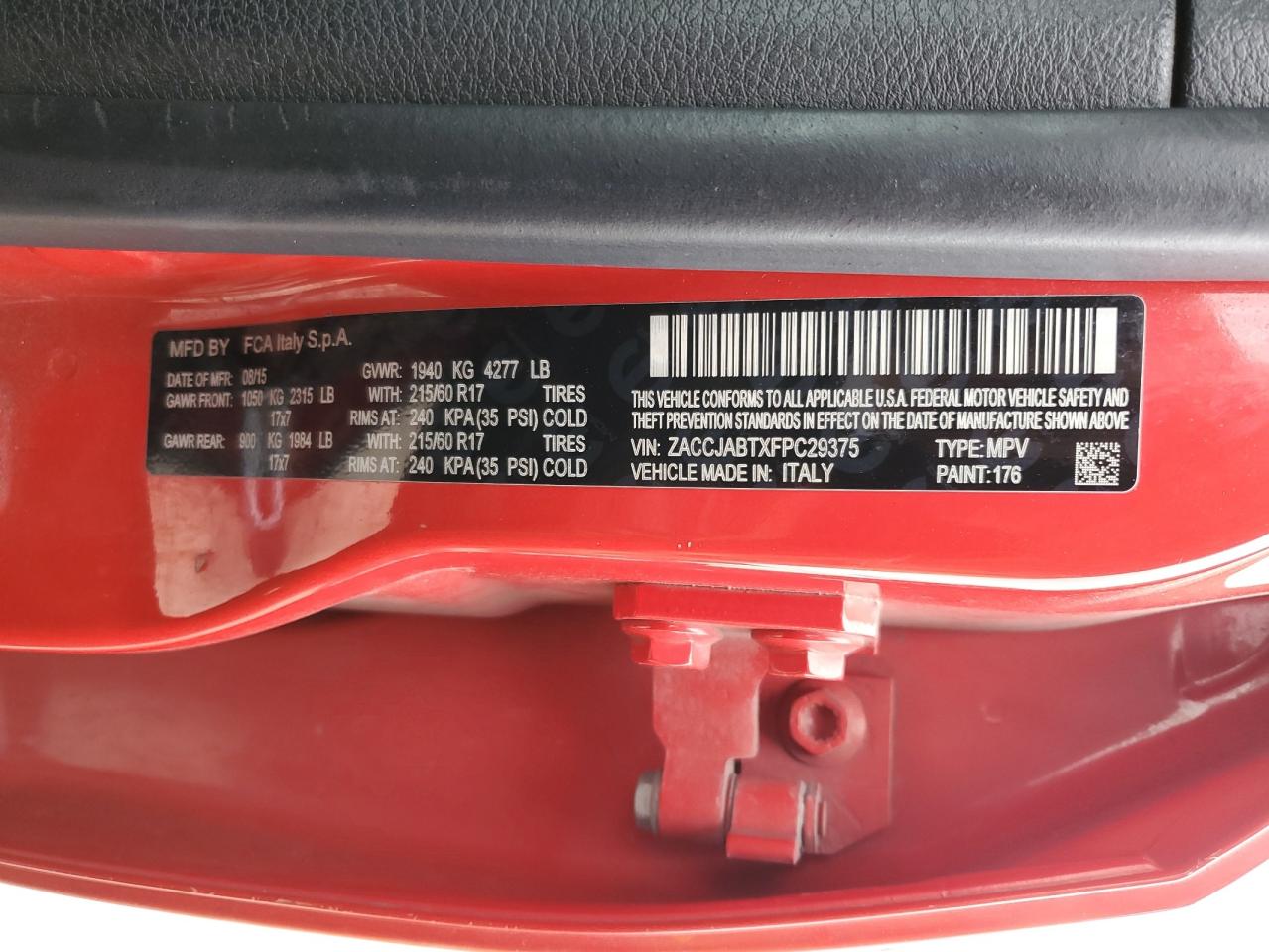 2015 Jeep Renegade VIN ZACCJABTXFPC29375 Copart auction photo, front end damage thumbnail 13