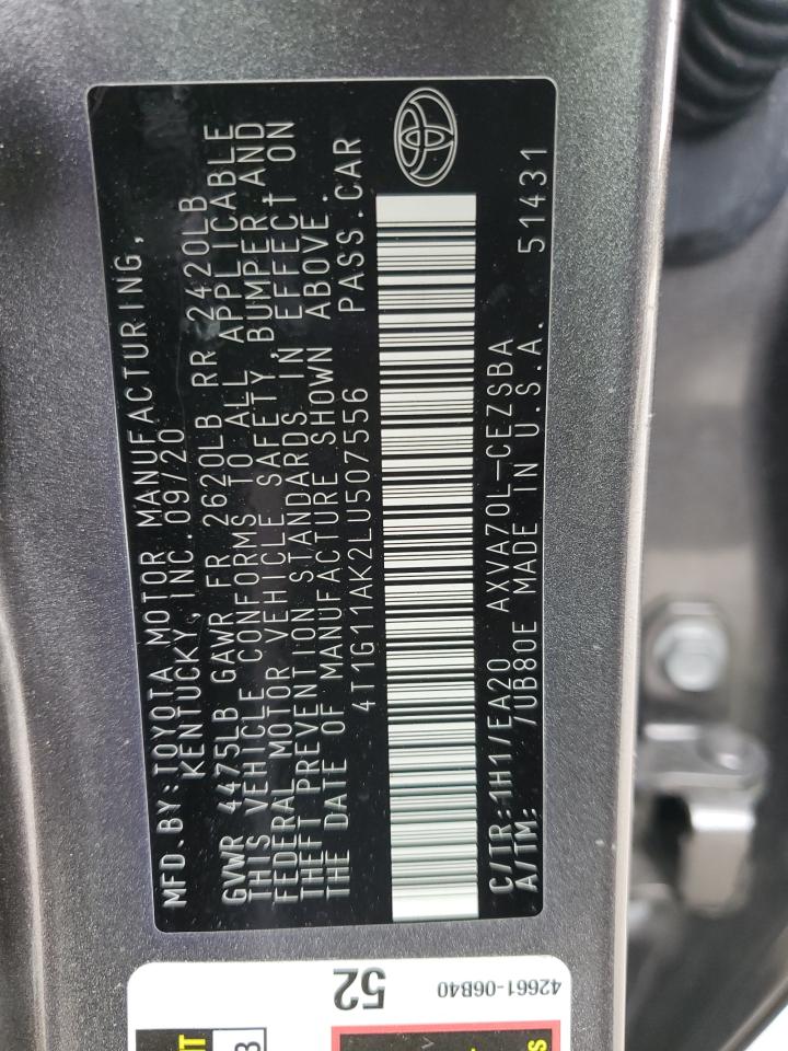 2020 Toyota Camry VIN 4T1G11AK2LU507556 Copart auction photo, side / front end damage thumbnail 14
