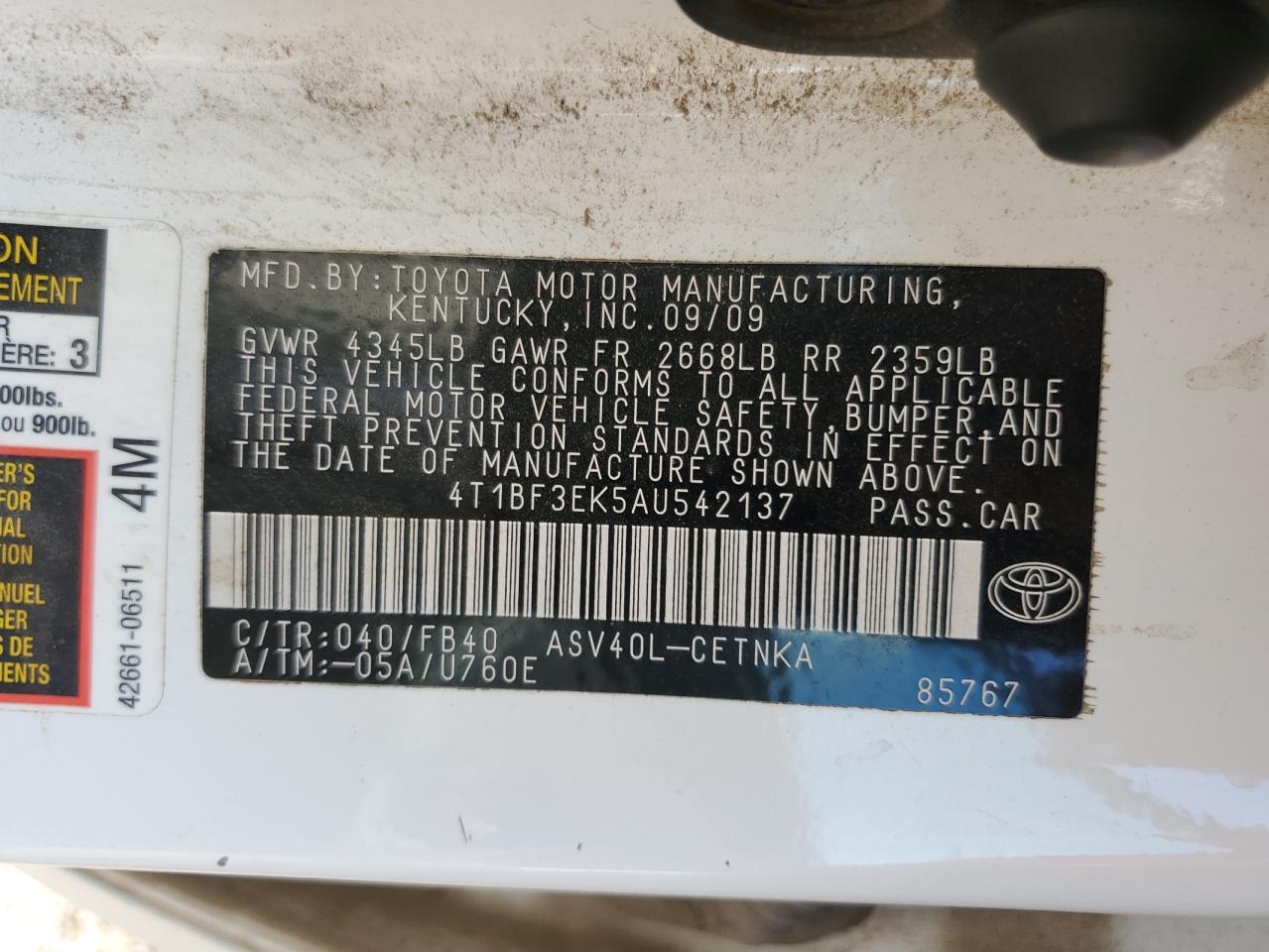 2010 Toyota Camry VIN 4T1BF3EK5AU542137 Copart auction photo, front end damage thumbnail 13