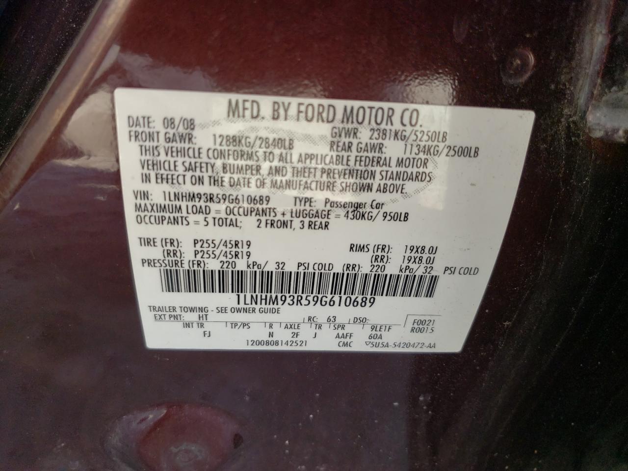 2009 Lincoln MKS VIN 1LNHM93R59G610689 Copart auction photo, front end damage thumbnail 12