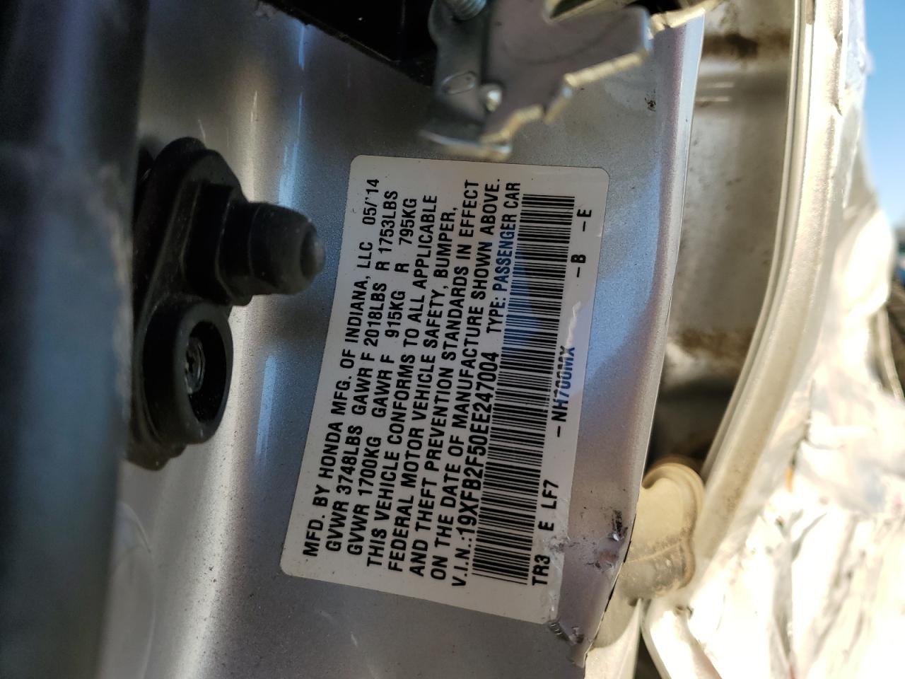 2014 Honda Civic VIN 19XFB2F50EE247004 Copart auction photo, side / front end damage thumbnail 14
