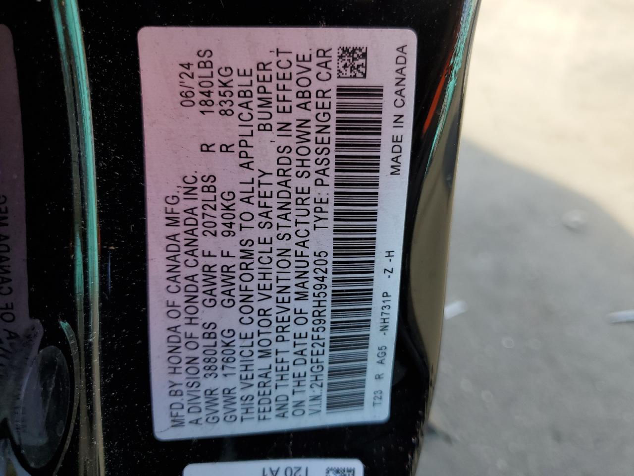 2024 Honda Civic VIN 2HGFE2F59RH594205 Copart auction photo, side damage thumbnail 14