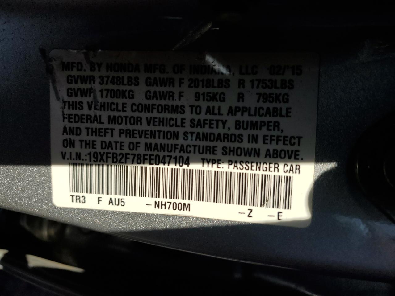 2015 Honda Civic VIN 19XFB2F78FE047104 Copart auction photo, front end damage thumbnail 12