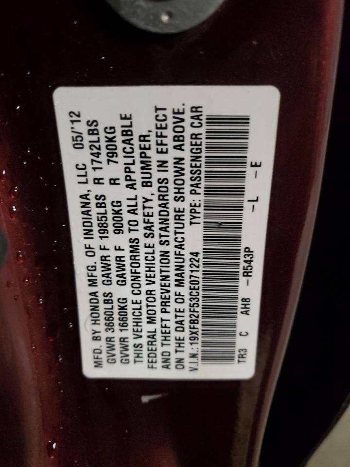 2012 Honda Civic VIN 19XFB2F53CE071224 Copart auction photo, front end damage thumbnail 12