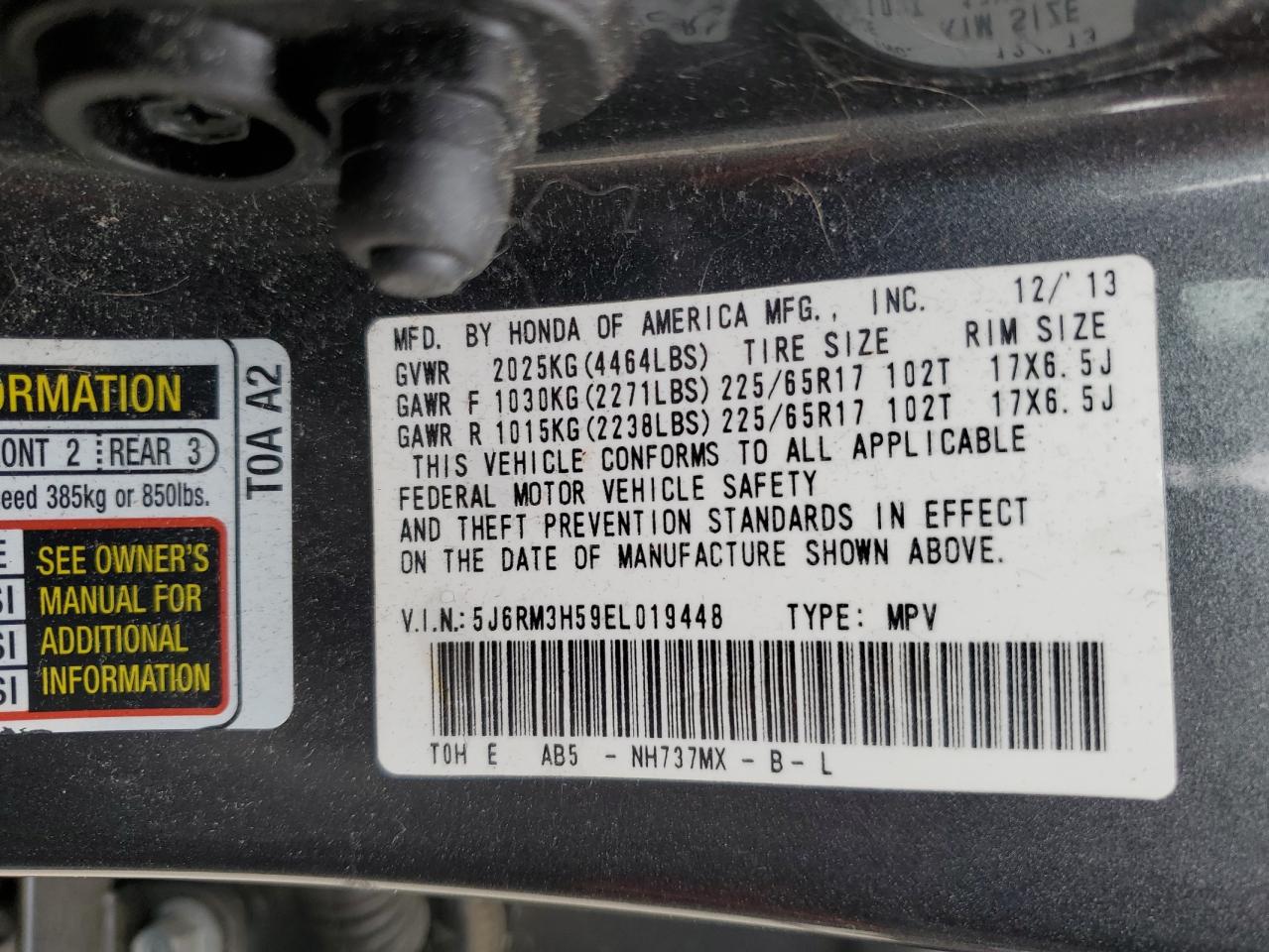 2014 Honda CR-V VIN 5J6RM3H59EL019448 Copart auction photo, front end / side damage thumbnail 13