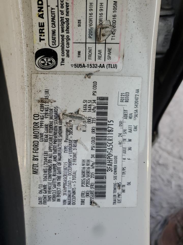 2012 Ford Fusion VIN 3FAHP0GA5CR118715 Copart auction photo, minor dent/scratches damage thumbnail 12