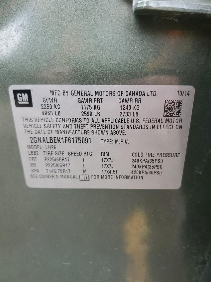 2015 Chevrolet Equinox VIN 2GNALBEK1F6175091 Copart auction photo, front end damage thumbnail 13