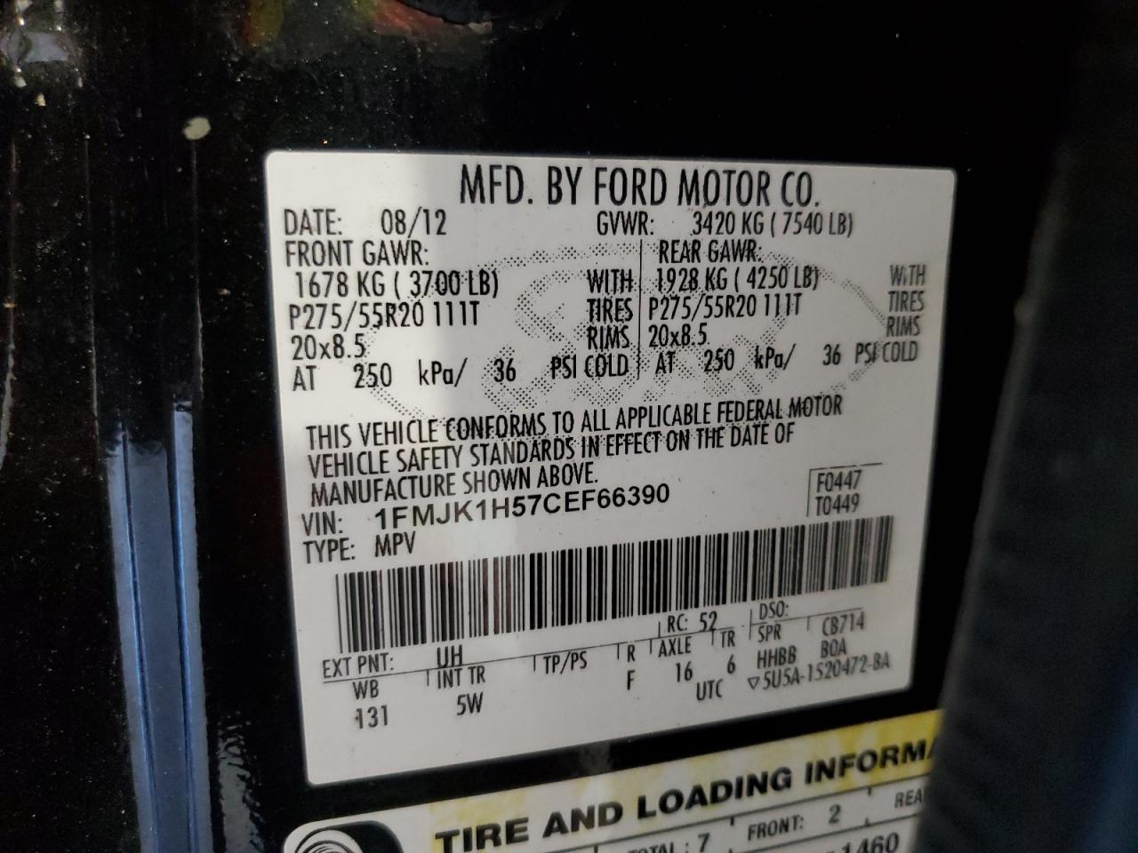 2012 Ford Expedition VIN 1FMJK1H57CEF66390 Copart auction photo, front end / side damage thumbnail 13