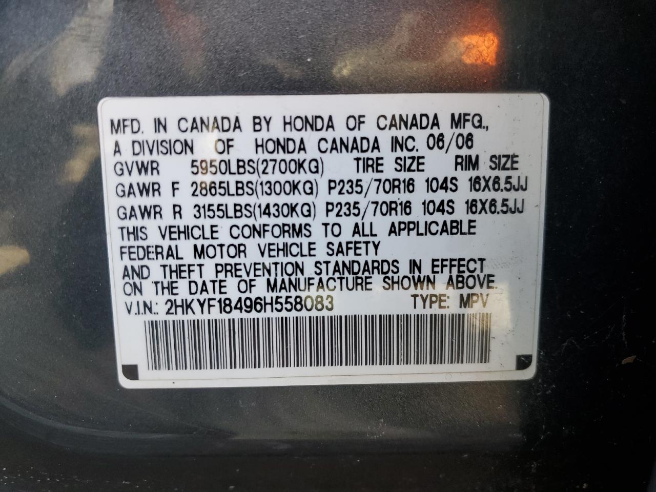 2006 Honda Pilot VIN 2HKYF18496H558083 Copart auction photo, undercarriage damage thumbnail 15