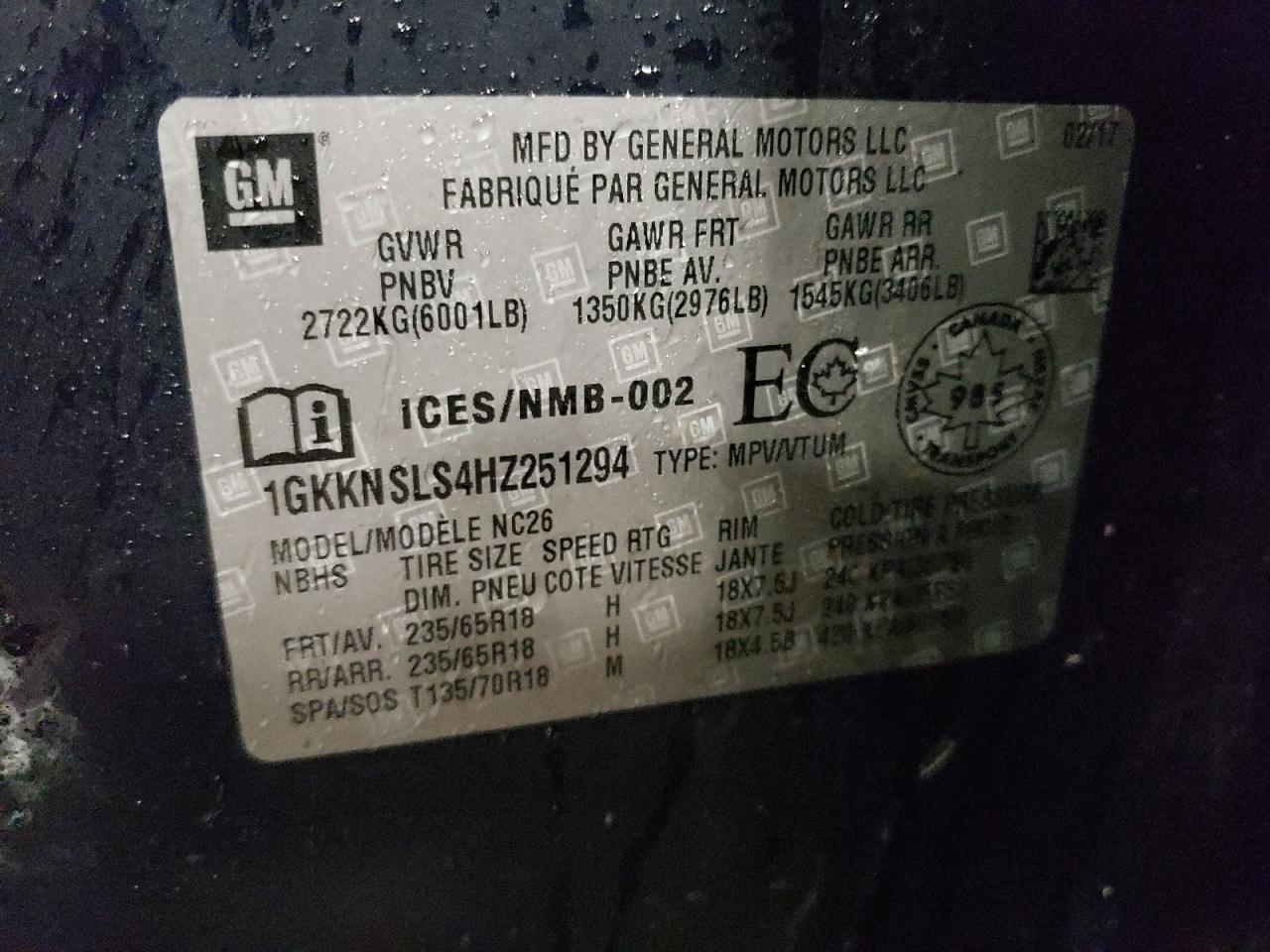 2017 GMC Acadia VIN 1GKKNSLS4HZ251294 Copart auction photo, front end damage thumbnail 14