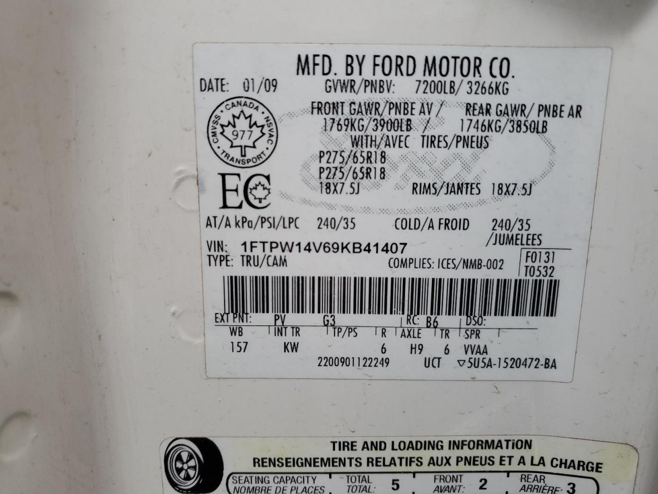 2009 Ford F-150 VIN 1FTPW14V69KB41407 Copart auction photo, frame damage / all over damage thumbnail 12