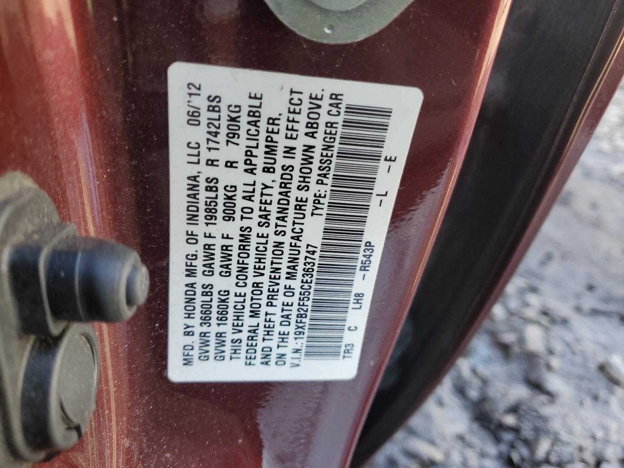 2012 Honda Civic VIN 19XFB2F55CE363747 Copart auction photo, side / rear end damage thumbnail 12