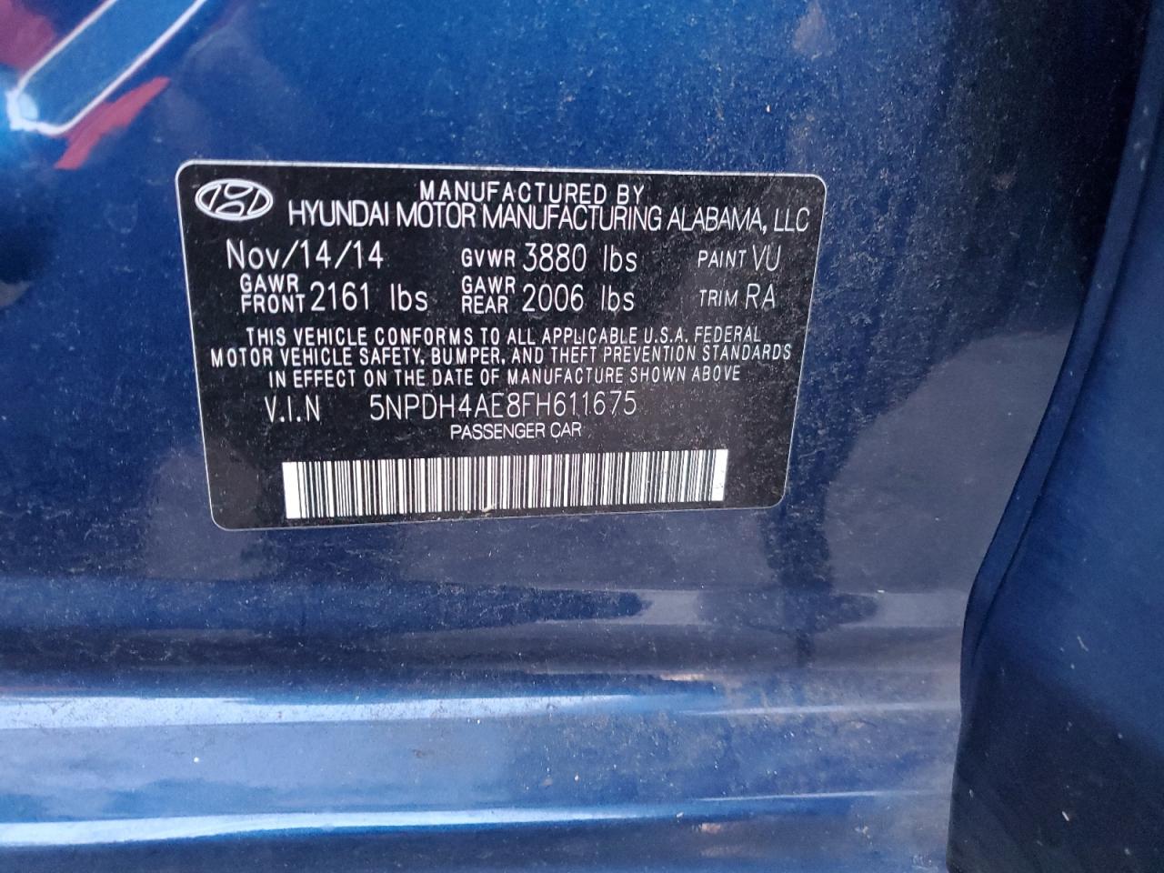 2015 Hyundai Elantra VIN 5NPDH4AE8FH611675 Copart auction photo, front end / rear end damage thumbnail 15