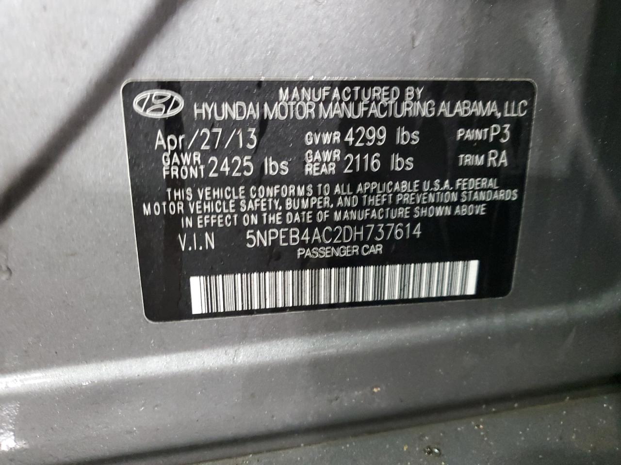 2013 Hyundai Sonata VIN 5NPEB4AC2DH737614 Copart auction photo, mechanical damage thumbnail 12