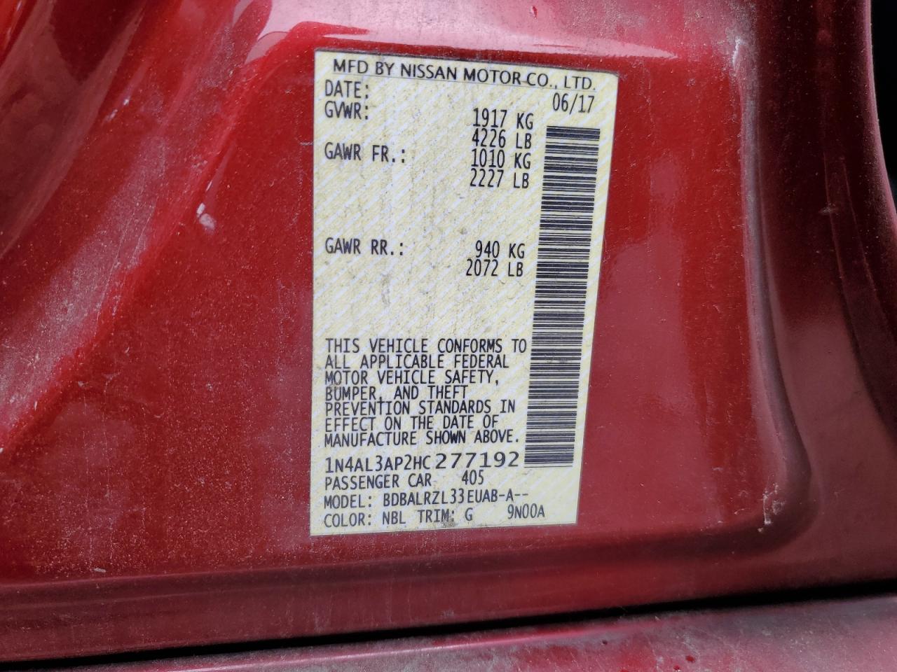 2017 Nissan Altima VIN 1N4AL3AP2HC277192 Copart auction photo, vandalism damage thumbnail 12