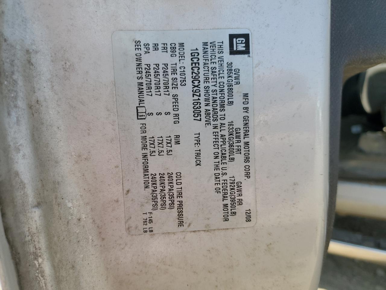2009 Chevrolet Silverado VIN 1GCEC29CX9Z163057 Copart auction photo, front end / minor dent/scratches damage thumbnail 12