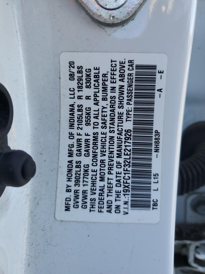 2020 Honda Civic VIN 19XFC1F32LE217926 Copart auction photo, front end damage thumbnail 12