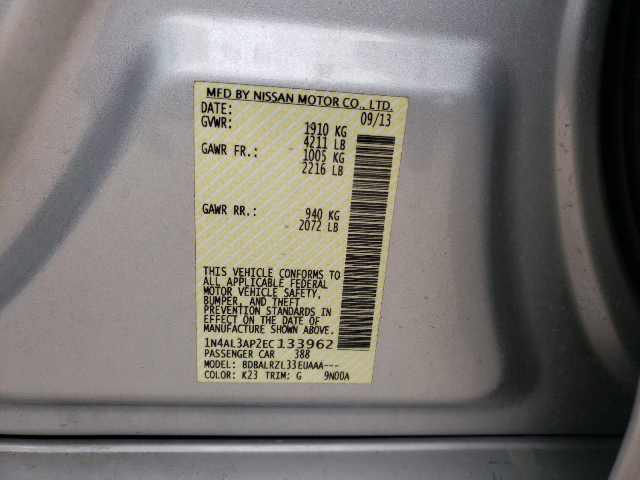 2014 Nissan Altima VIN 1N4AL3AP2EC133962 Copart auction photo, side damage thumbnail 14