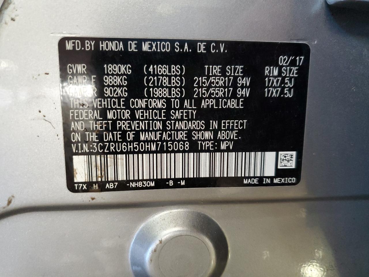 2017 Honda HR-V VIN 3CZRU6H50HM715068 Copart auction photo, side damage thumbnail 14
