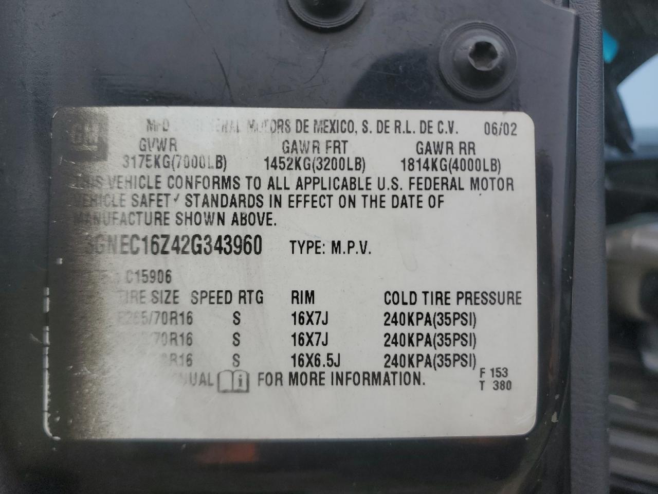 2002 Chevrolet Suburban VIN 3GNEC16Z42G343960 Copart auction photo, all over damage thumbnail 14