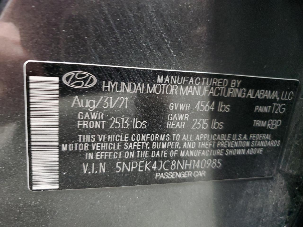 2022 Hyundai Sonata VIN 5NPEK4JC8NH140985 Copart auction photo, front end / side damage thumbnail 12