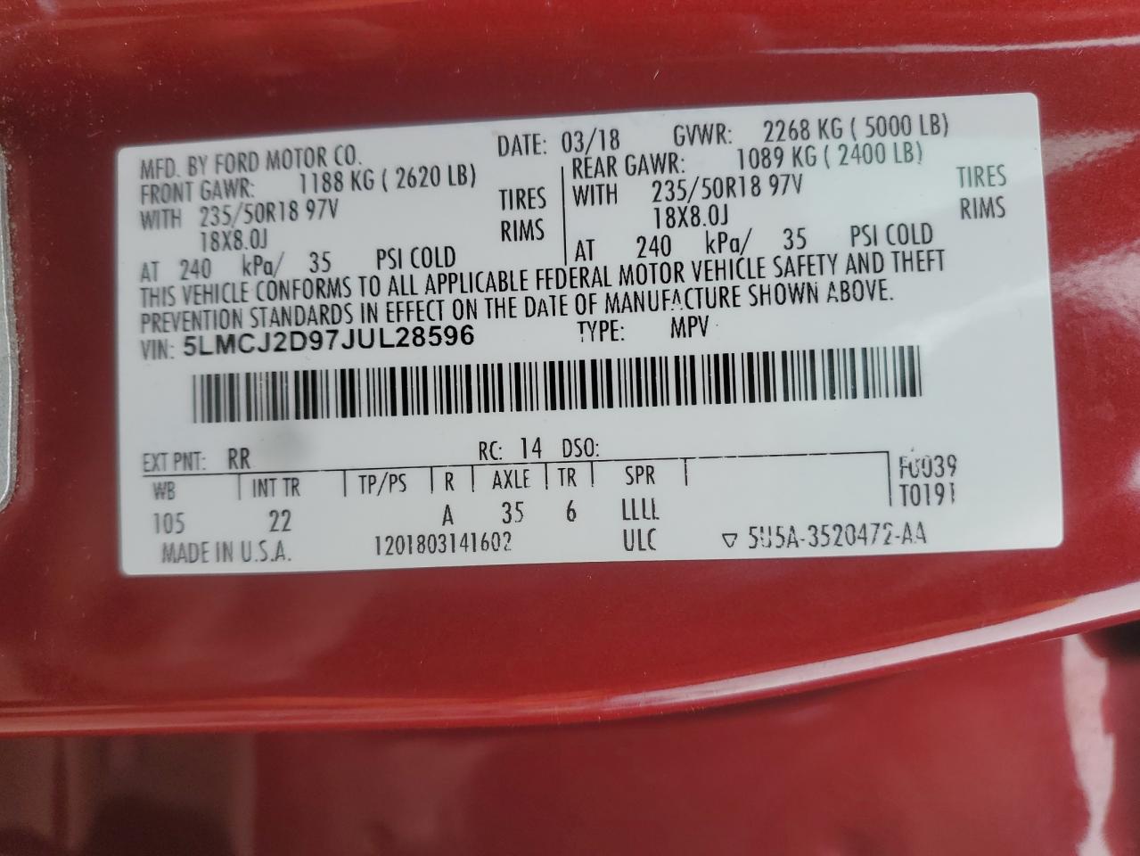 2018 Lincoln MKC VIN 5LMCJ2D97JUL28596 Copart auction photo, side / rear end damage thumbnail 14