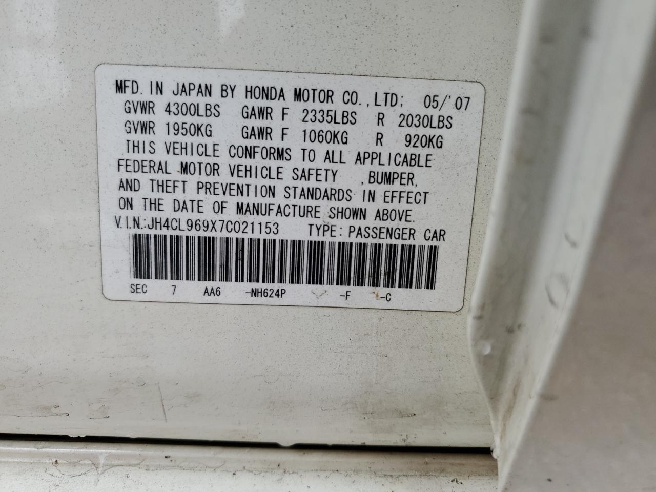 2007 Acura TSX VIN JH4CL969X7C021153 Copart auction photo, front end / rear end damage thumbnail 12